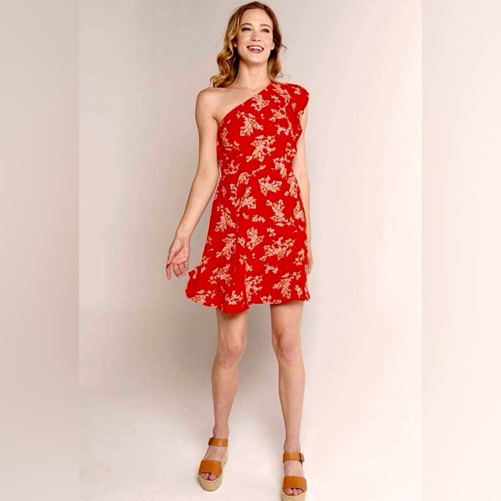 19 Cooper one-shoulder fit & flare red floral mini dress with ruffle cap sleeve